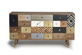 GINER Y COLOMER Buffet 2 portes 4 tiroirs en bois de manguier naturel - Meuble artisanal avec détails multicolores - Dimensions: portes 56x50cm, tiroirs 14x50cm